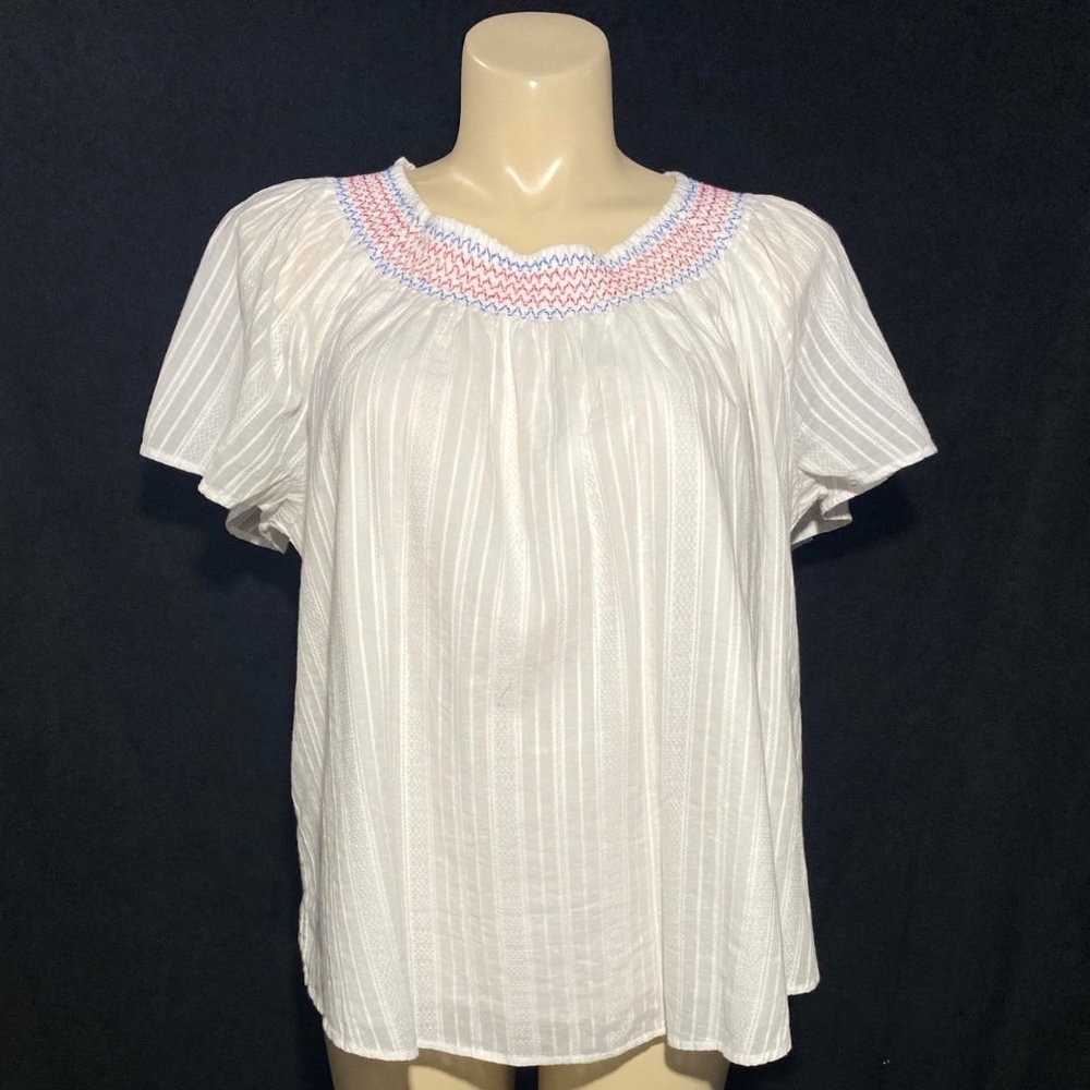 Lane Bryant 18 20 New Top Peasant Smock White Red Blue Stritch Chevron Stretch